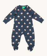 Little Green Radicals organic babygrow in navy with cute prints of sheep available at Babipur. A GOTS organic cotton all in one with a full length zip down the middle and around the crotch