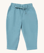 Little Green Radicals comfy trousers in pale blue corduroy available at Babipur. A soft GOTS organic cotton trousers in blue with elasticated waistband for a comfortable fit and a matching drawstring.