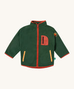 Little Green Radicals polar fleece jacket in olive available at Babipur. A dark green recycled polyester fleece with red trim. Features a chest and 2 side pockets and a camp fire appliqué patch on the left shoulder