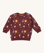 Little Green Radicals flying birds quilted sweatshirt available at Babipur. A GOTS organic cotton sweatshirt in dark maroon with quilted indents. Features cute prints of birds flying through a starry night.
