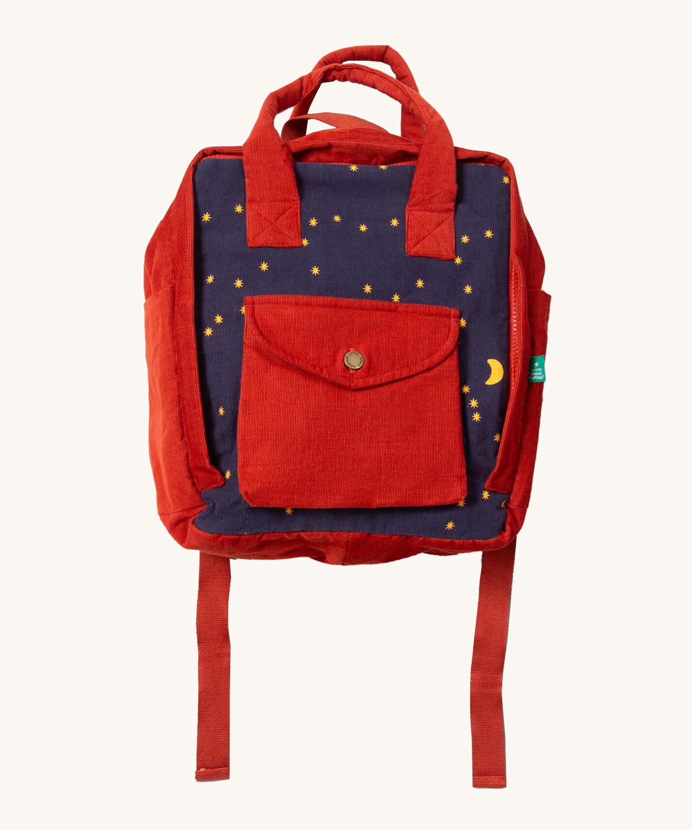 Little Green Radicals ready for adventure backpack in dark night available at Babipur. A 100% organic cotton backpack in a navy and red corduroy style with a starry night design. Features a handle on the top for easy carrying a front pocket and 2 bottle holders