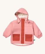 Little Green Radicals waterproof coat in coral available at Babipur. A thick pink with dark pink trim winter's coat made from recycled polyester. Features a sherpa fleece inner liner, a hood, a full length zip and 2 side pockets.