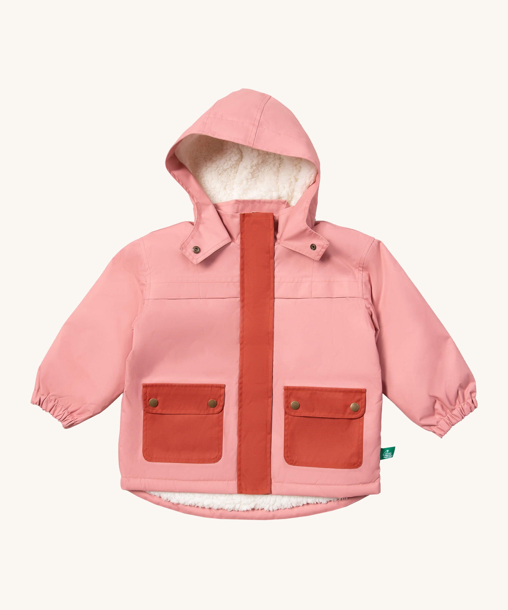 Little Green Radicals waterproof coat in coral available at Babipur. A thick pink with dark pink trim winter's coat made from recycled polyester. Features a sherpa fleece inner liner, a hood, a full length zip and 2 side pockets.
