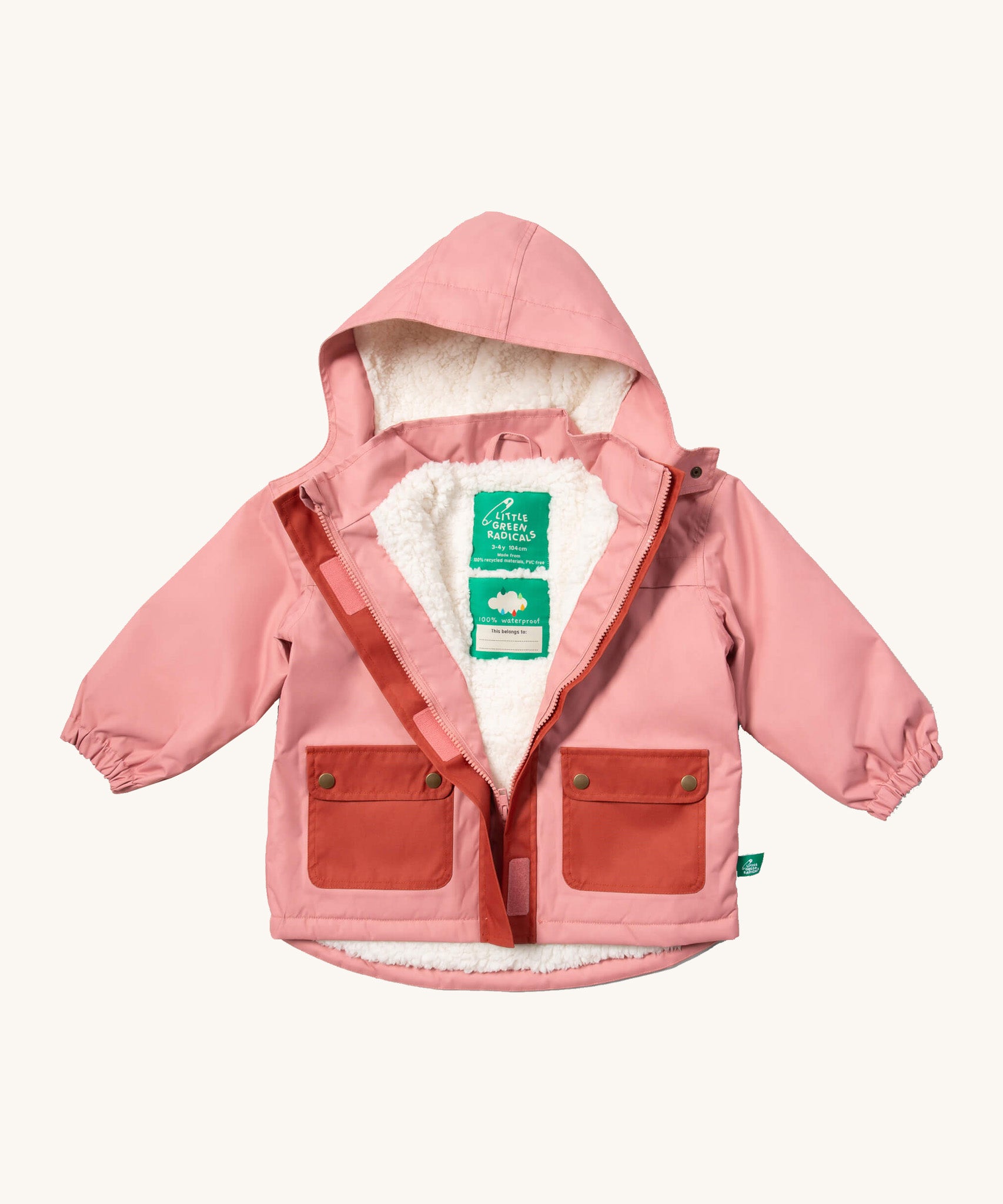 Little Green Radicals waterproof coat in coral available at Babipur. A thick pink with dark pink trim winter's coat made from recycled polyester. Features a sherpa fleece inner liner, elasticated arm cuffs for a snug fit and a full length zip  with a sherpa fleece inner liner