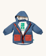 Little Green Radicals waterproof coat in moonlight blue available at Babipur. A thick blue with red trim winter's coat made from recycled polyester. Features a sherpa fleece inner liner, elasticated arm cuffs fora. snug fit and a full length zip  with a sherpa fleece inner liner