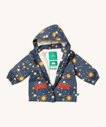 Little Green Radicals waterproof coat in night moon available at Babipur. A thick navy with red pocket trim winter's coat made from recycled polyester. Features a sherpa fleece inner liner, elasticated arm cuffs for a snug fit and a full length zip  with a sherpa fleece inner liner