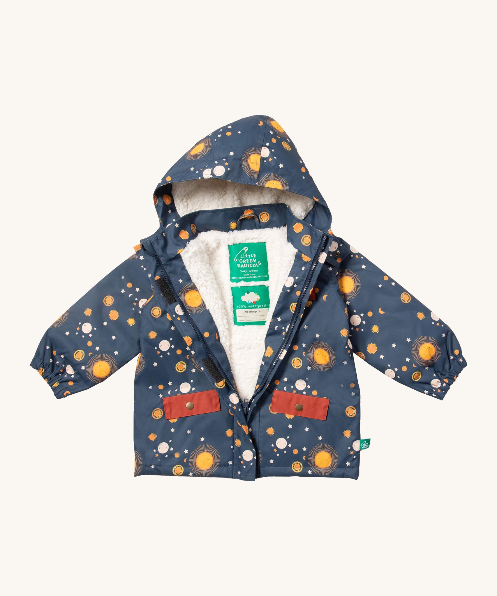 Little Green Radicals waterproof coat in night moon available at Babipur. A thick navy with red pocket trim winter's coat made from recycled polyester. Features a sherpa fleece inner liner, elasticated arm cuffs for a snug fit and a full length zip  with a sherpa fleece inner liner