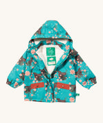 Little Green Radicals waterproof coat in winter rabbits available at Babipur. A thick turquoise with red trim winter's coat made from recycled polyester. Features a sherpa fleece inner liner, elasticated arm cuffs for a snug fit and a full length zip  with a sherpa fleece inner liner