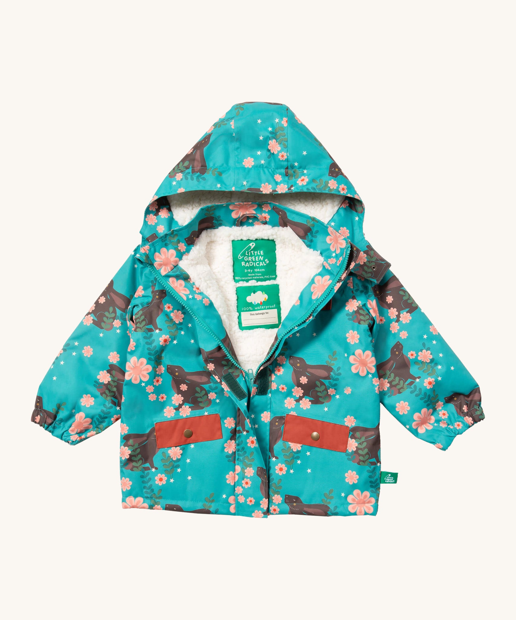 Little Green Radicals waterproof coat in winter rabbits available at Babipur. A thick turquoise with red trim winter's coat made from recycled polyester. Features a sherpa fleece inner liner, elasticated arm cuffs for a snug fit and a full length zip  with a sherpa fleece inner liner
