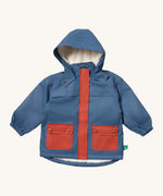Little Green Radicals waterproof coat in moonlight blue available at Babipur. A thick blue with red trim winter's coat made from recycled polyester. Features a sherpa fleece inner liner, a hood, a full length zip and 2 side pockets.