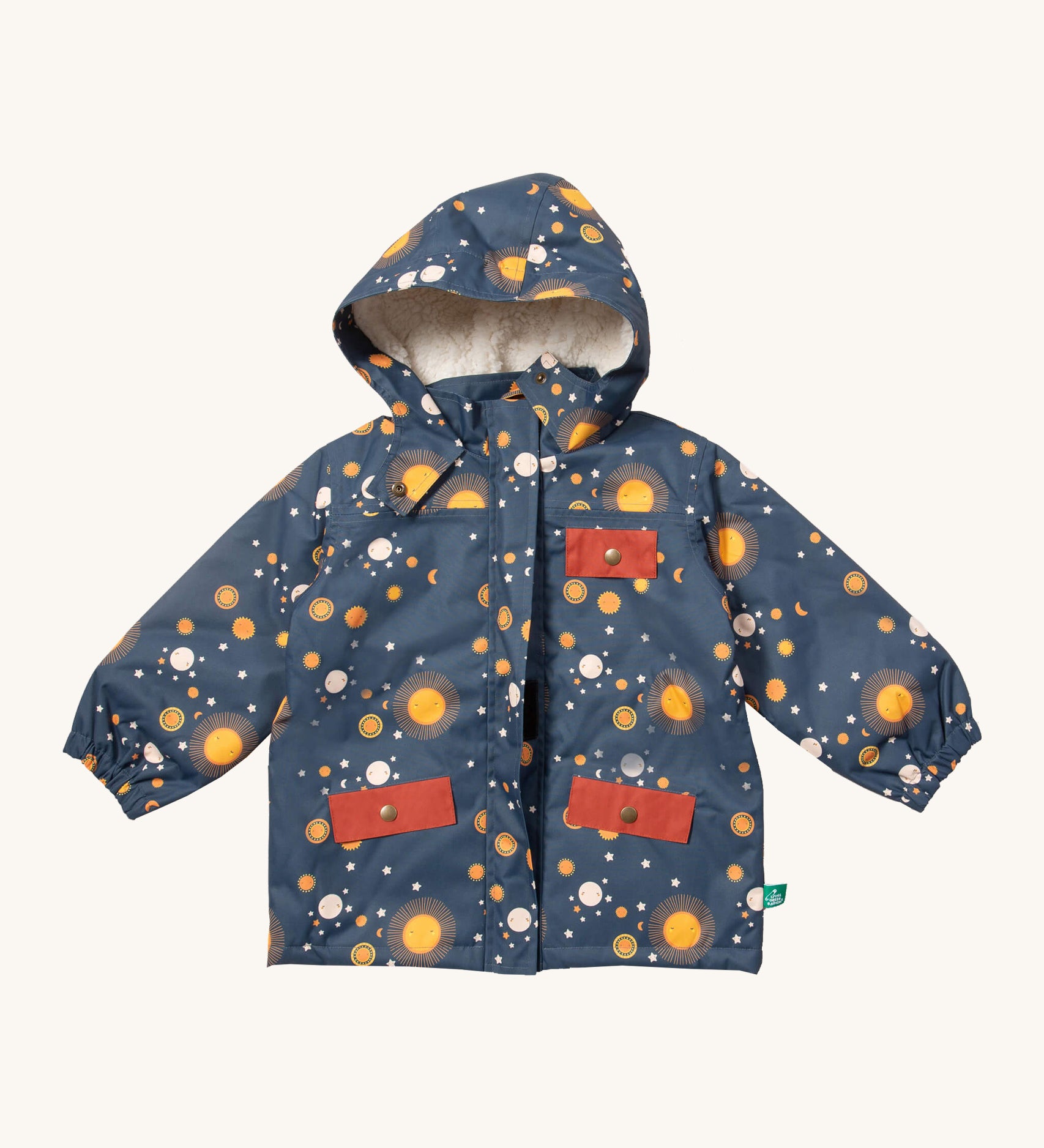 Little Green Radicals waterproof adventure coat in night moon available at Babipur. A navy waterproof coat with cute starry night print and red trim. Features a hood with a white sherpa fleece liner, a full length zip, a check pocket and 2 side pockets.