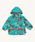 Little Green Radicals waterproof adventure coat in winter rabbits available at Babipur. A turquoise waterproof coat with prints of rabbits in pink flowers. Features a hood with a white sherpa fleece liner, a full length zip, a chest pocket and 2 side pockets with red trim.