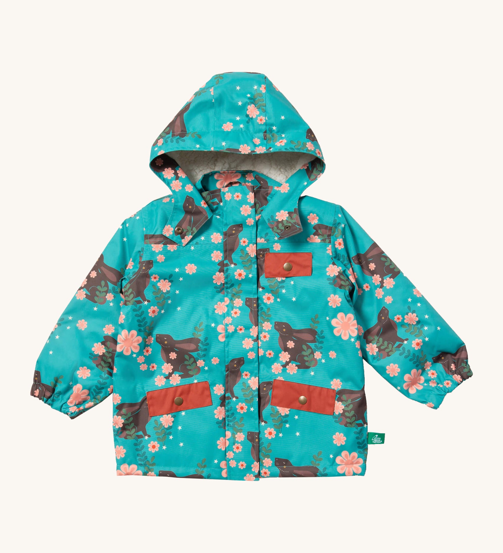 Little Green Radicals waterproof adventure coat in winter rabbits available at Babipur. A turquoise waterproof coat with prints of rabbits in pink flowers. Features a hood with a white sherpa fleece liner, a full length zip, a chest pocket and 2 side pockets with red trim.