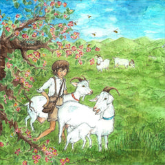 Toverlux Herder silhouette Artwork By Eentje Van Margo available at Babipur. A watercolour style illustration of a child standing next to goats underneath a tree with flowers.