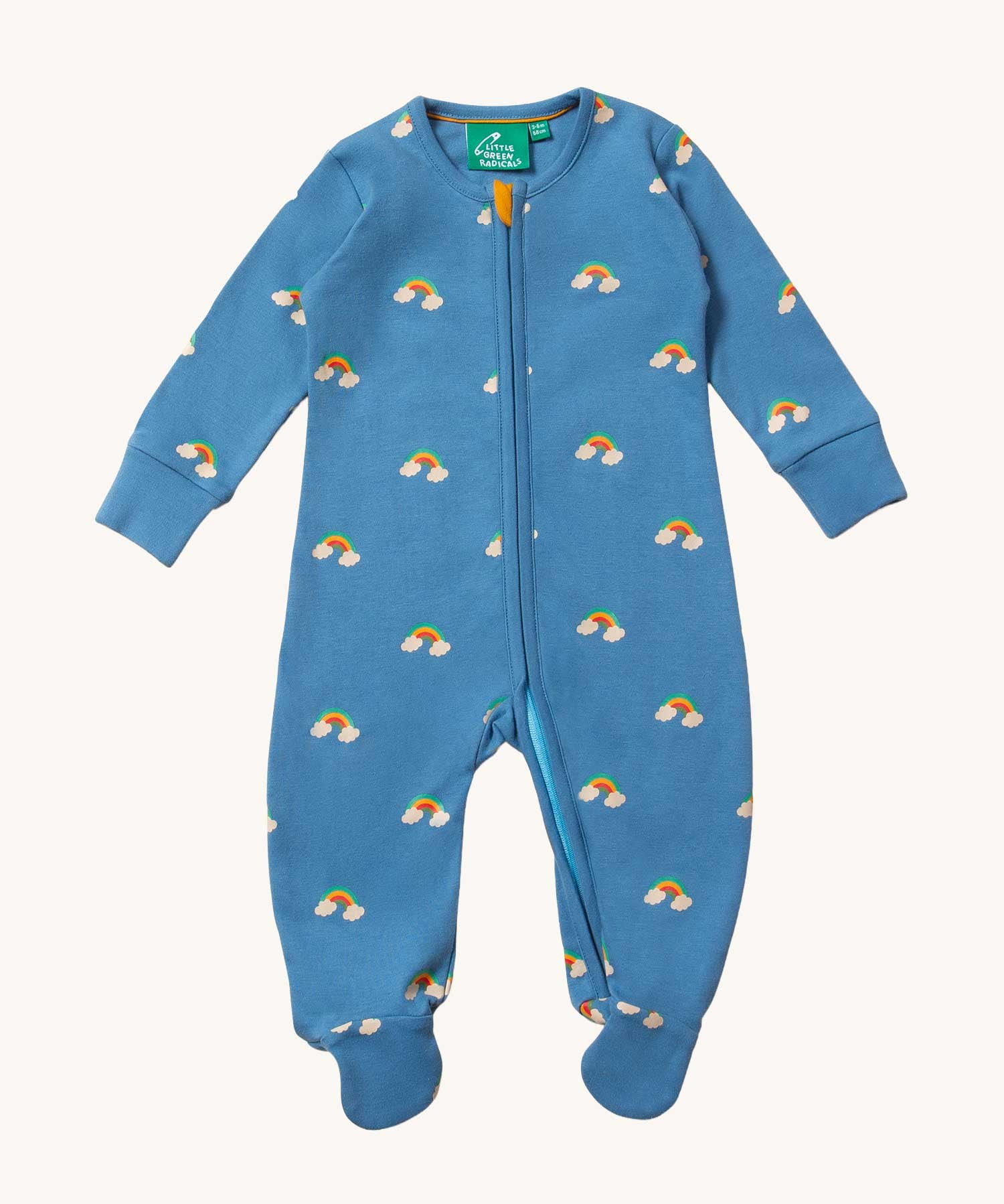 Little Green Radicals Blue Rainbows Zip Organic Babygrow. Little green Radicals have a wide range of organic cotton, Fairtrade clothing and outerwear for babies and children available here at Babipur.