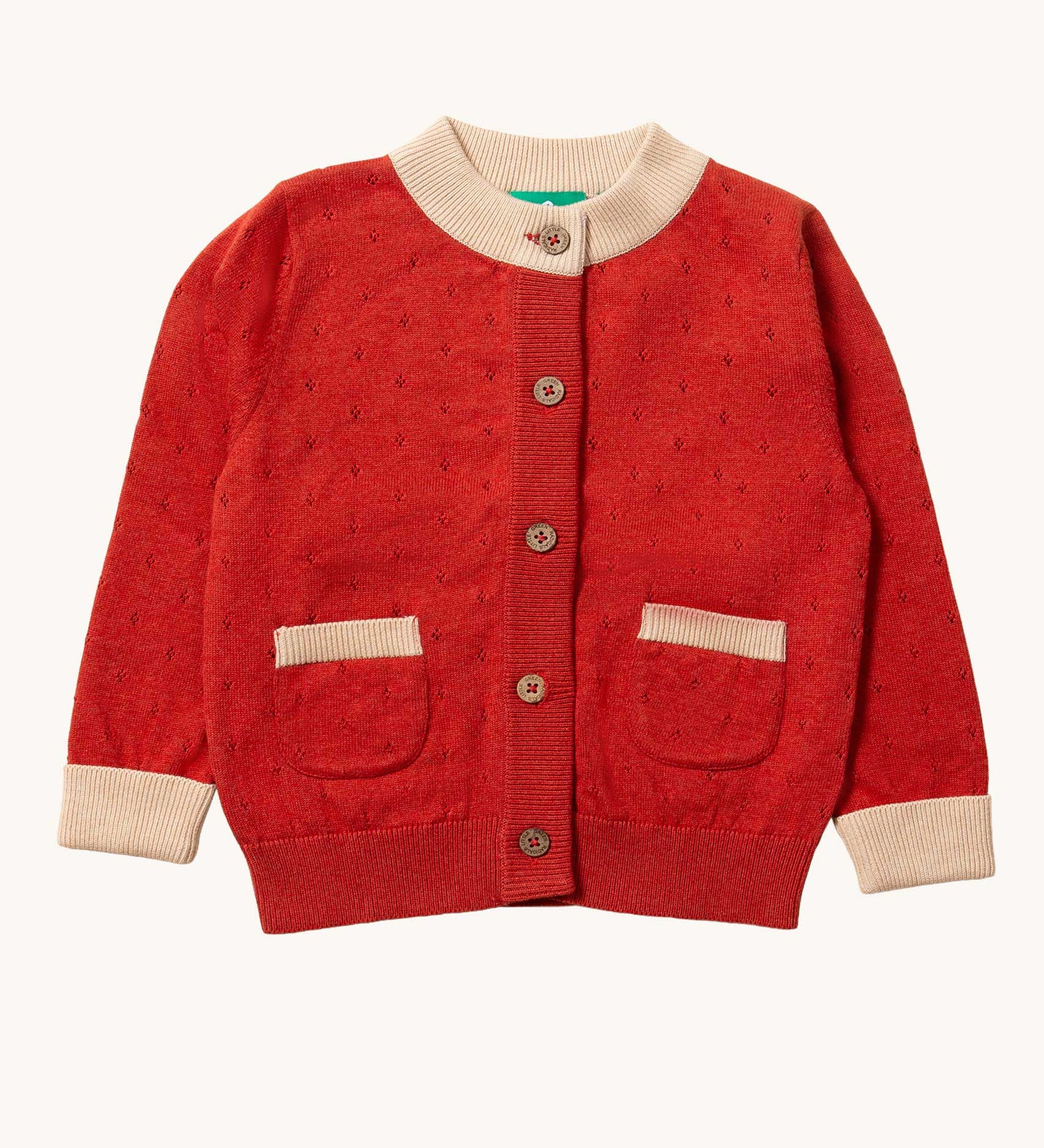 Little Green Radicals From One To Another Burnt Ochre Pointelle Knitted Cardigan. Little green Radicals have a wide range of organic cotton, Fairtrade children's clothing and outerwear available here at Babipur.