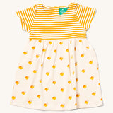 Little Green Radicals organic cotton Easy Peasy Summer Dress with a yellow stripe sleeve and upper body and a Little Ducks print skirt.