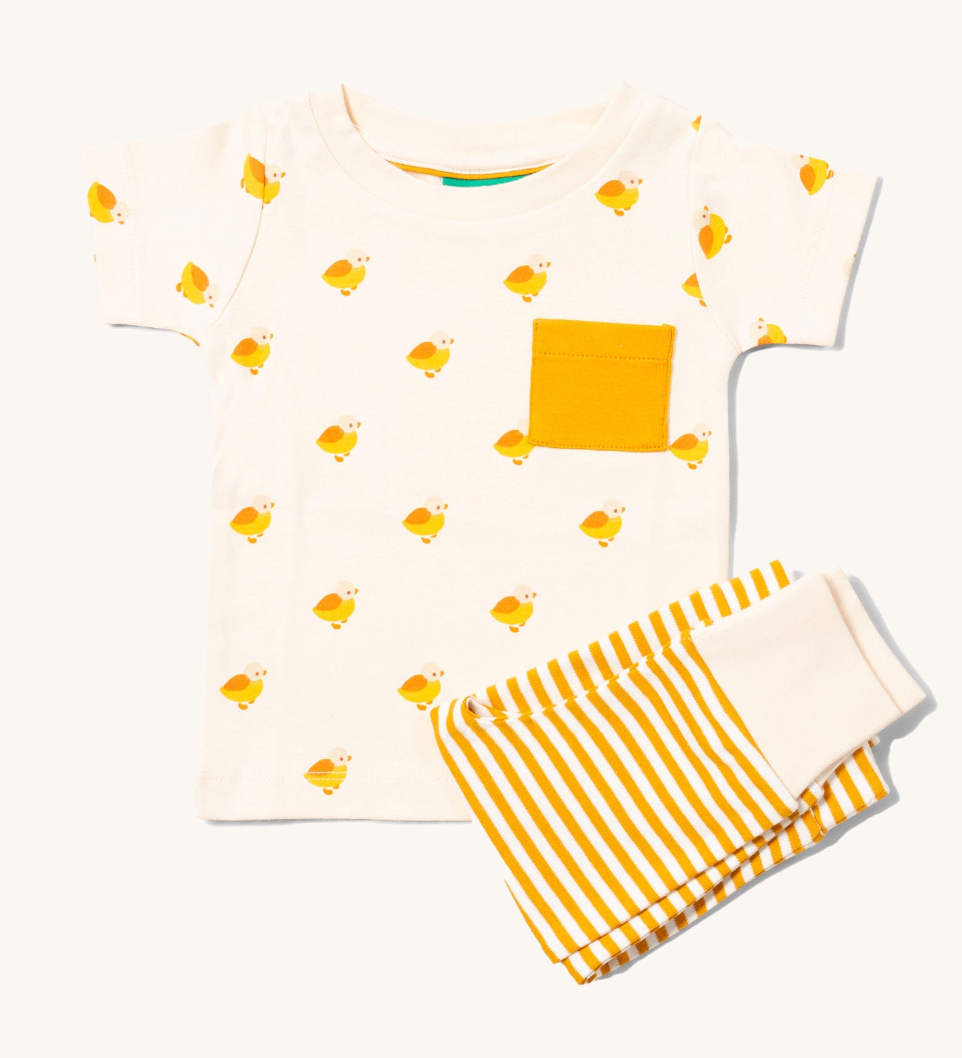 Little Green Radicals Little Ducks print Organic T-Shirt and yellow gold striped Jogger Set.