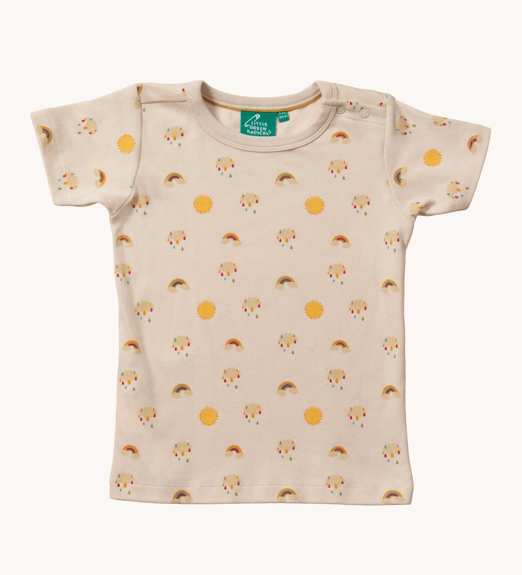 Little Green Radicals Sunshine & Rainbows Short Sleeve organic cotton T-Shirt. An off white, cream coloured t-shirt with an all over print featuring rainbows, sunshine and rainbow rainclouds. Little green Radicals have a wide range of organic cotton, Fairtrade children's clothing and outerwear available here at Babipur.
