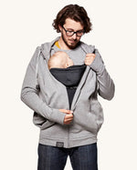 An adult wearing the Love Radius Parents Hoodie In Heather Grey, with a child inside showing the wrap-over chest cover. On a cream background