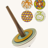 The Mader 'So And So' DIY wooden spinning top, with a natural wooden handle and painted wooden top comes with 4 reversible cardboard topper discs.