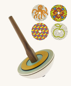 The Mader 'So And So' DIY wooden spinning top, with a natural wooden handle and painted wooden top comes with 4 reversible cardboard topper discs.