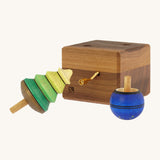 The Mader Luna music box hand made from walnut wood, with two spinning tops.