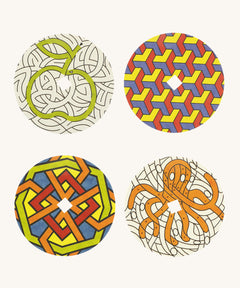 The pre-coloured sides of the cardboard discs to go with the Mader 'So And So' DIY wooden spinning top