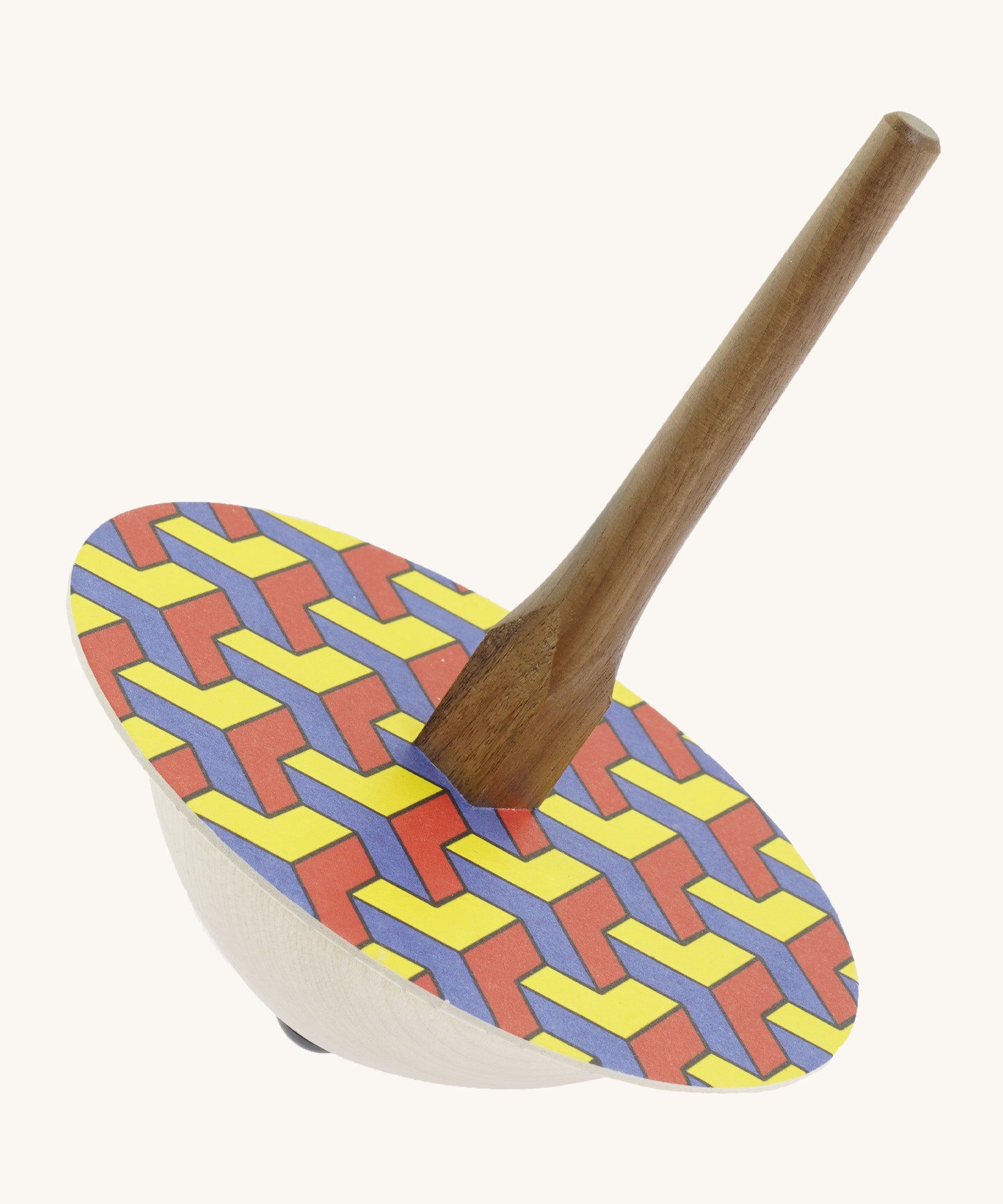 The Mader 'So And So' DIY wooden spinning top, with the '3D' design cardboard panel