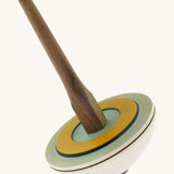 The Mader 'So And So' DIY wooden spinning top, with a natural wooden handle and painted wooden top.