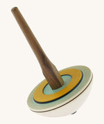 The Mader 'So And So' DIY wooden spinning top, with a natural wooden handle and painted wooden top.
