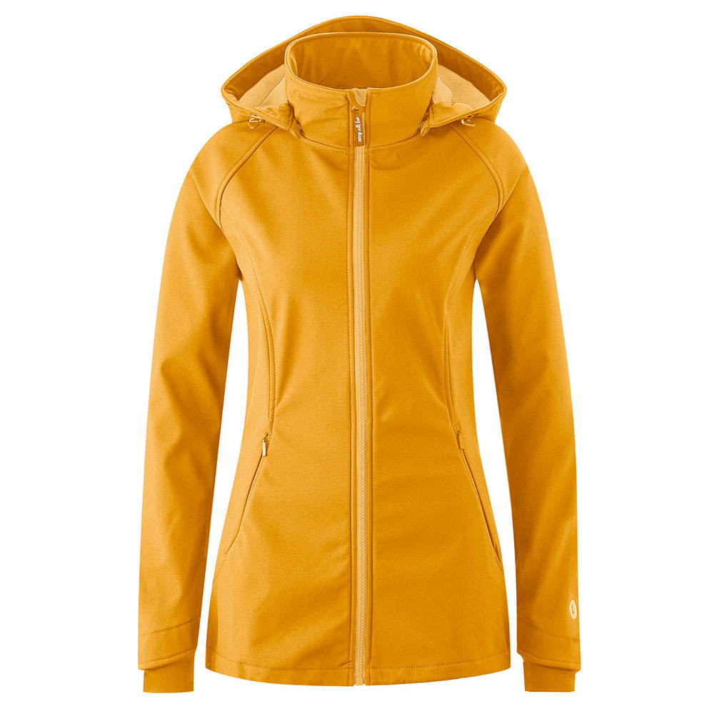 Mamalila Softshell Mustard Babywearing & Maternity Jacket worn without inserts on a white background