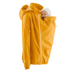 Mamalila Softshell Mustard Babywearing & Maternity Jacket worn with a baby on the front panel on a white background
