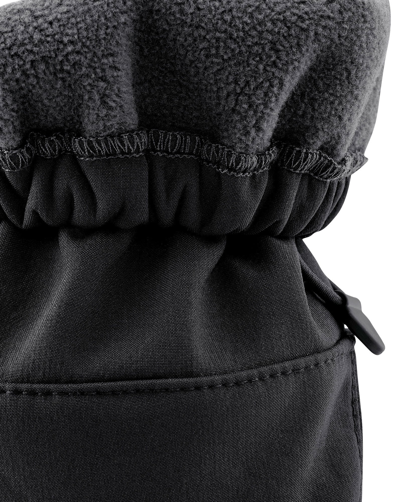 A close up of the Mamalila  baby allrounder winter booties in black available at Babipur showing the toggle detail and fleece inner