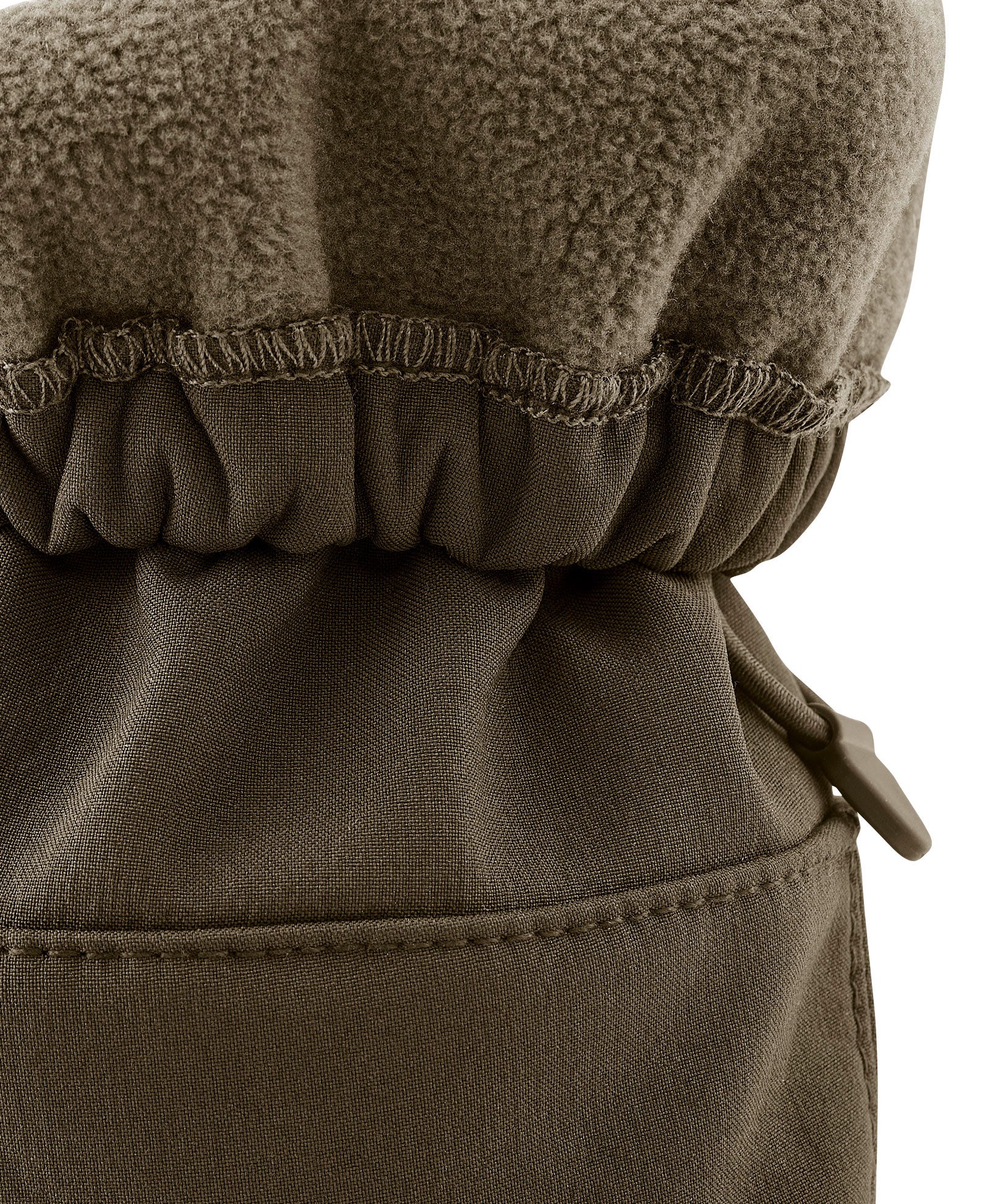 A close up of the Mamalila  toddler allrounder winter booties in the khaki green colour available at Babipur showing the toggle detail and fleece inner