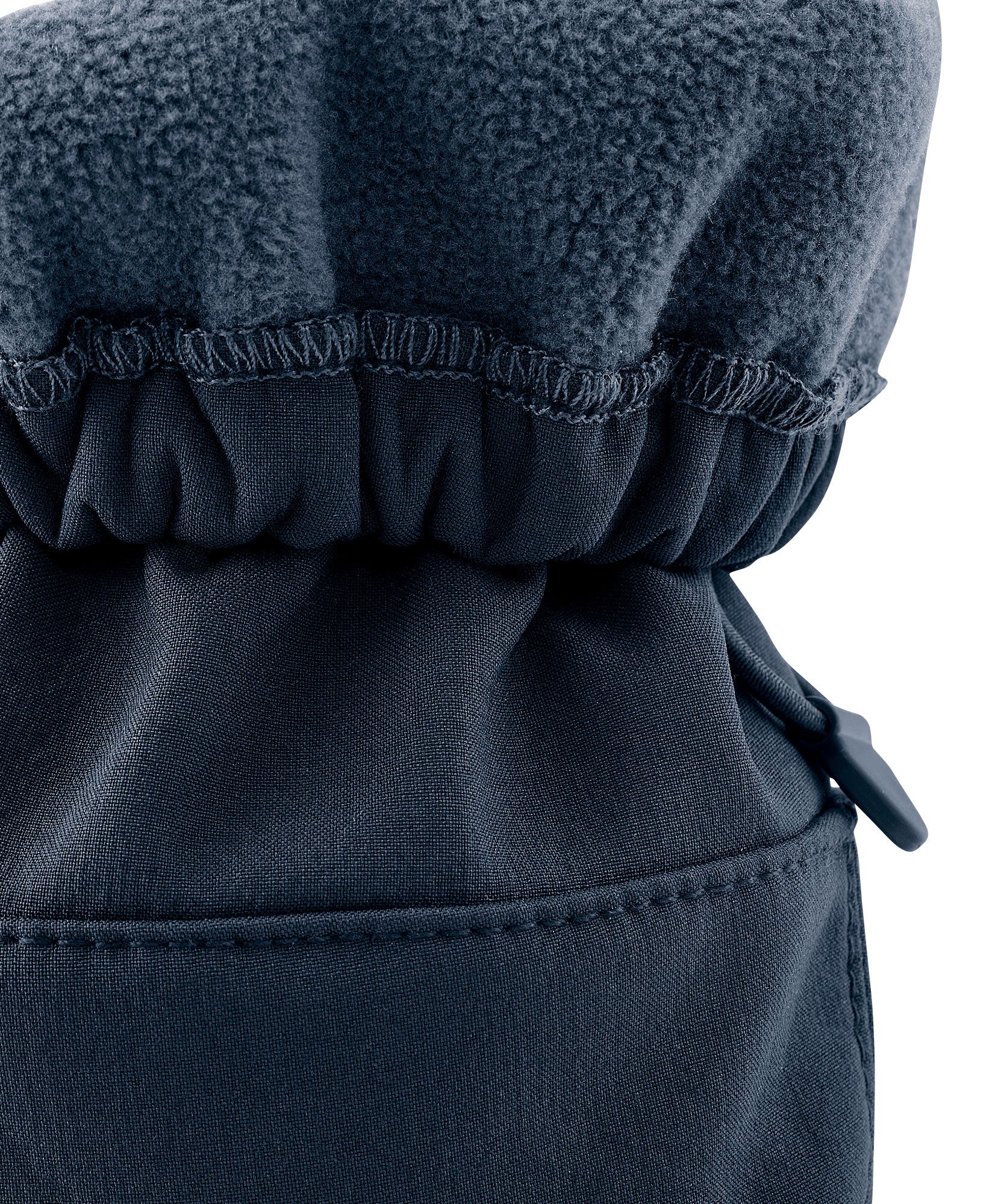 A close up of the Mamalila  baby allrounder winter booties in navy blue available at Babipur showing the toggle detail and fleece inner