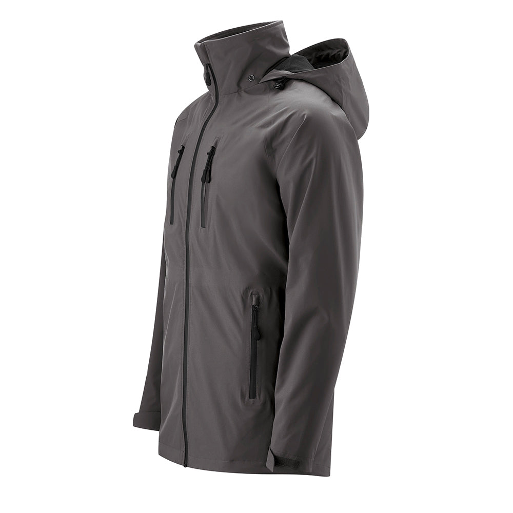 Mamalila Shelter Men's Babywearing Rain Jacket in Anthracite. Side view of this men's technical babywearing rain coat without the baby carrier insert. White background