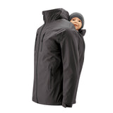 Mamalila Shelter Men's Babywearing Rain Jacket in Anthracite. Side view of this men's technical babywearing rain coat with the baby carrier insert on the back. White background