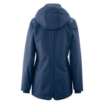 Back of the Mamalila adjustable baby wearing all weather winter coat in navy blue on a white background