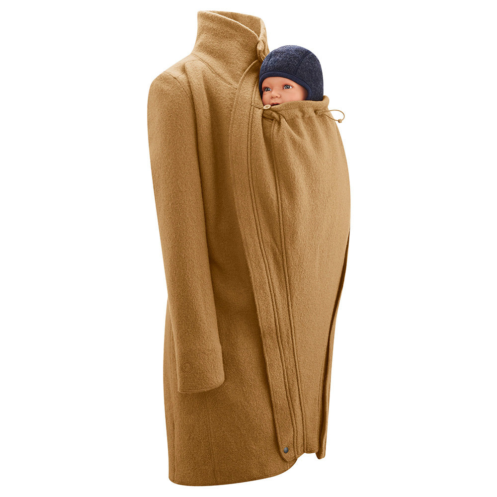 Mamalila Eco Wool Oslo Babywearing Coat in Camel. A light tan boiled wool winter babywearing coat. Side view, with babywearing insert on front. White background.
