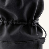 Closeup of the elasticated fastening on the Mamalila Allrounder Softshell waterproof babywearing booties in black