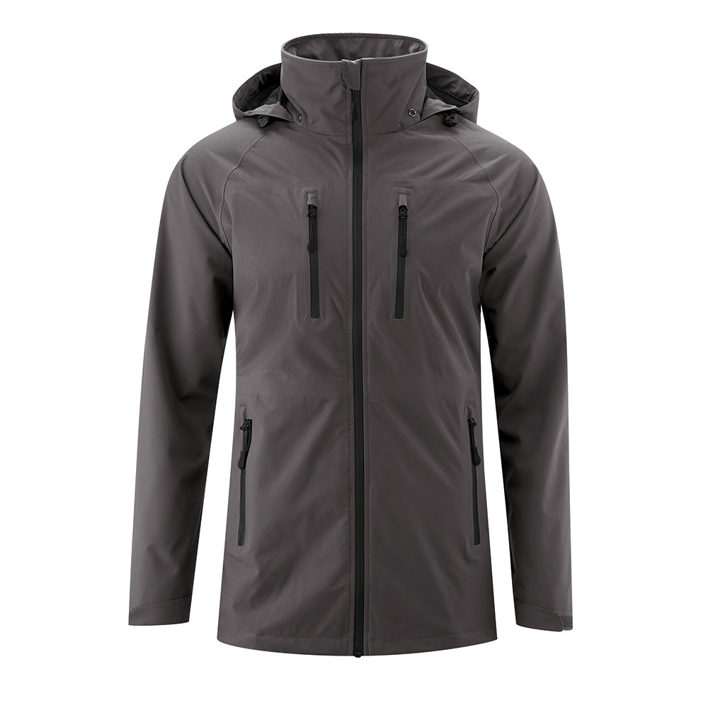 Mamalila Shelter Men's Babywearing Rain Jacket in Anthracite. Front view of this men's technical babywearing rain coat without the baby carrier insert. White background