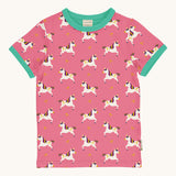 Maxomorra Children's Organic Cotton Unicorn Short Sleeve Top. A vibrant pink t-short with fun unicorn print and a light green trim on the collar and sleeves