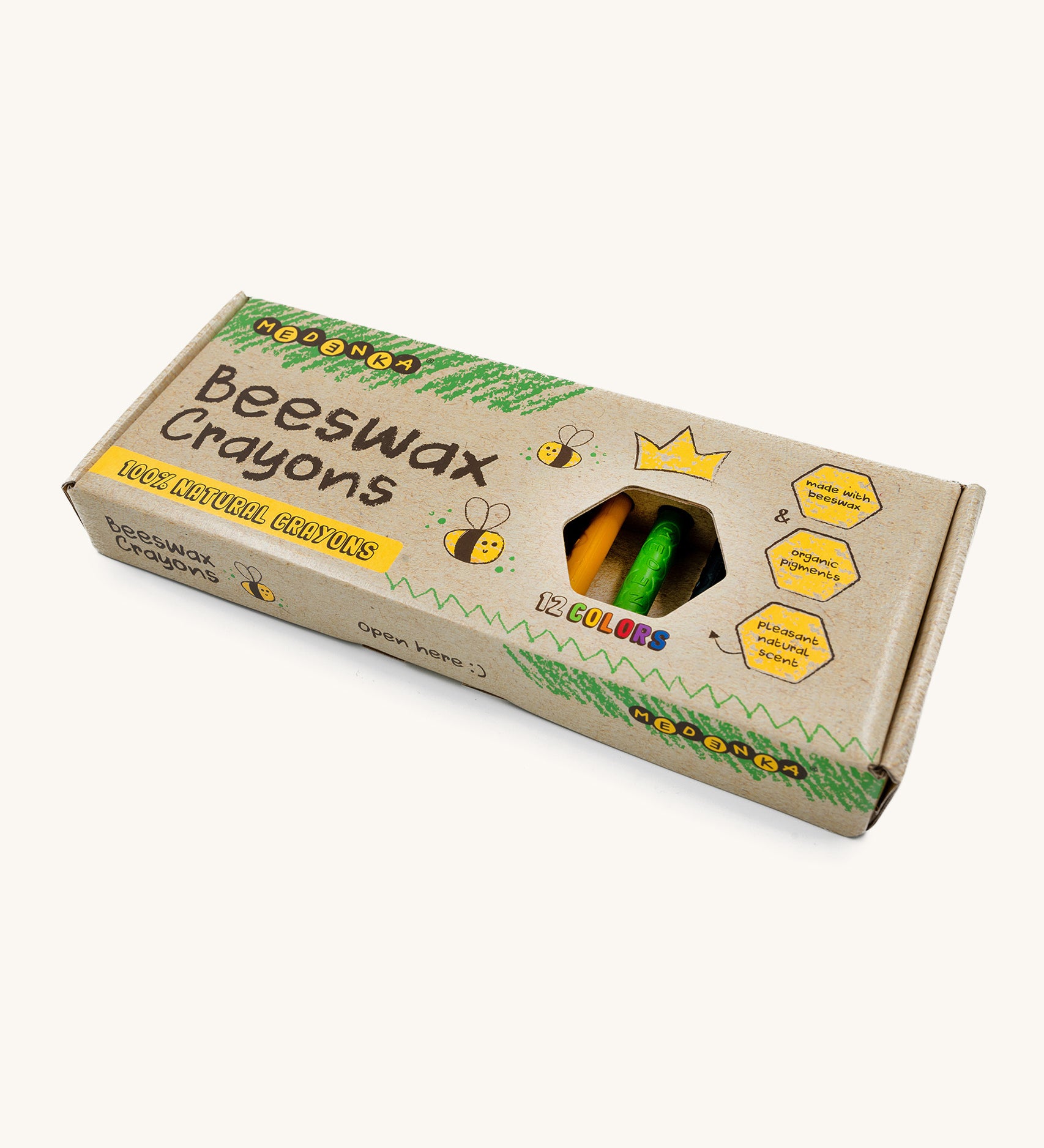 The Medenka pack of 12 natural beeswax crayons, in their cardboard packaging.
