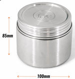 metal food canister showing size 85mm high by 100mm wide