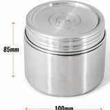 metal food canister showing size 85mm high by 100mm wide