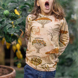 Meyadey Savanna Woodland organic long sleeved top in pale sand colour with Savanna tree images