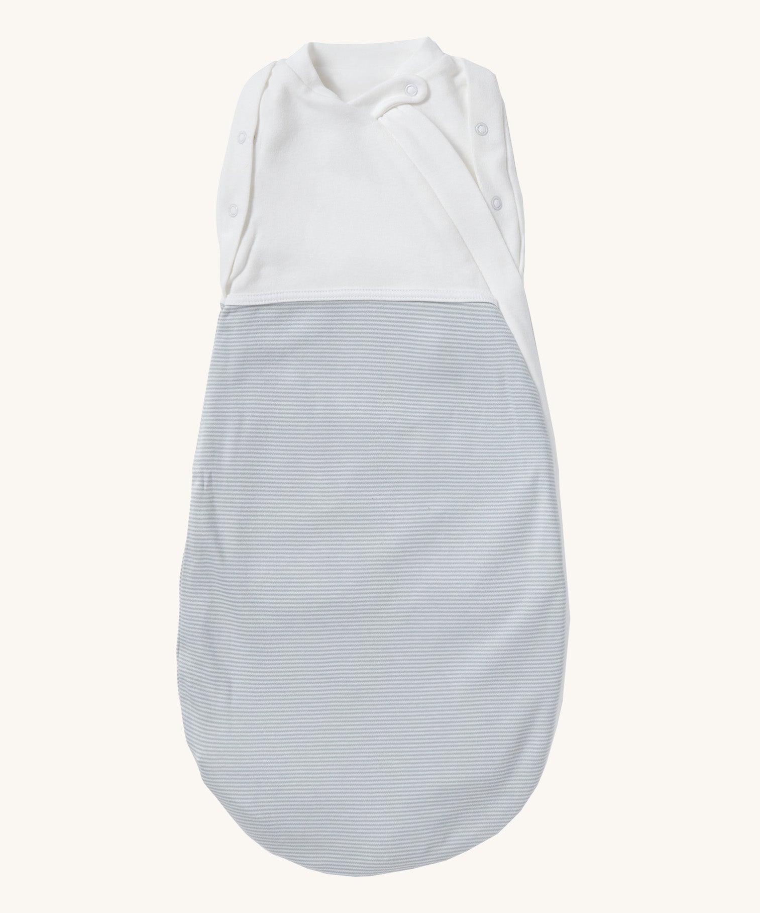 MORI baby swaddle bag. 100% organic bamboo and cotton swaddle in blue and white stripes. Features poppers by the arms and neck for easy fitting.