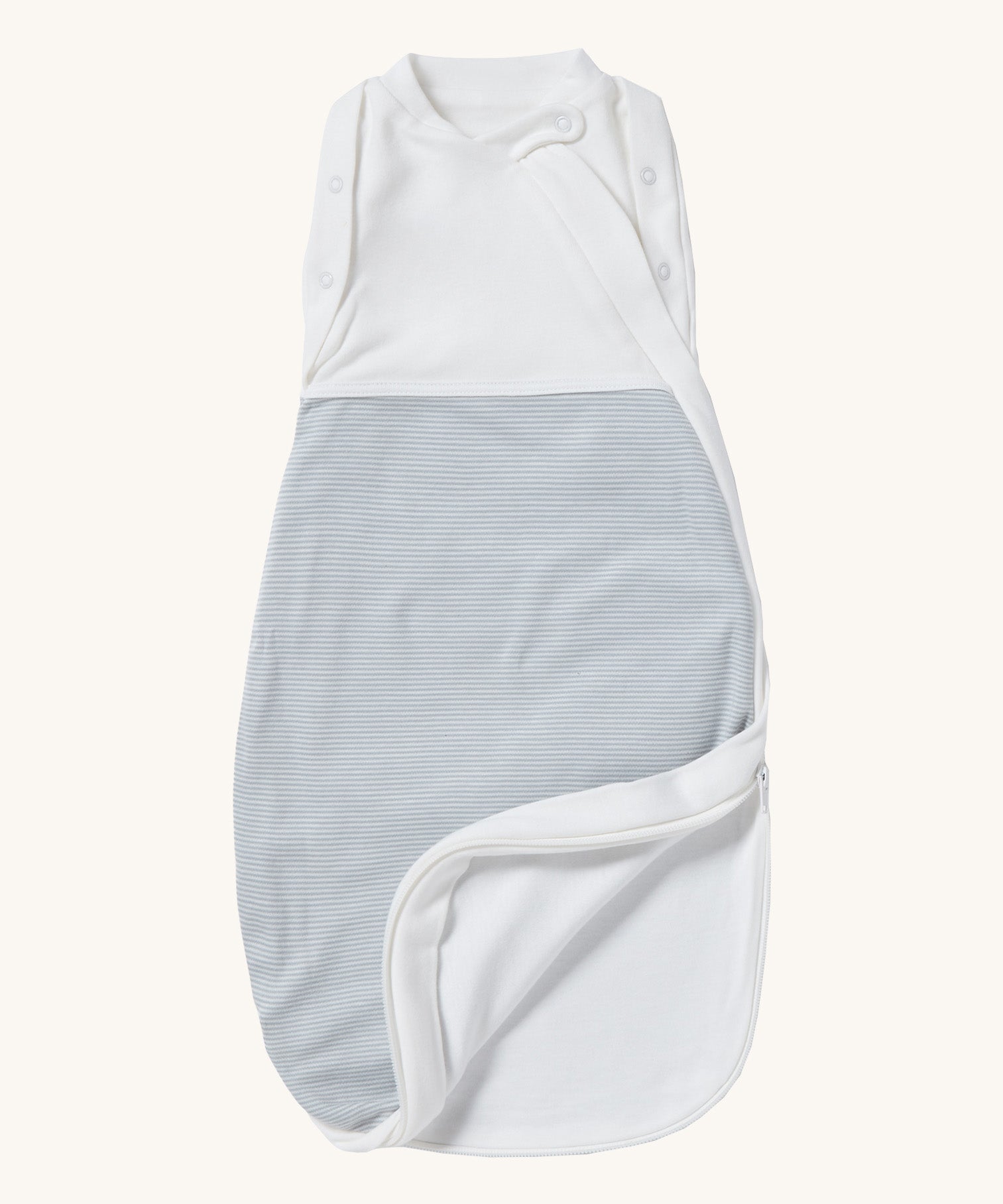 MORI baby swaddle bag. 100% organic bamboo and cotton swaddle in blue and white stripes. Features poppers by the arms and neck for easy fitting and a zip down the side and bottom for easy changing