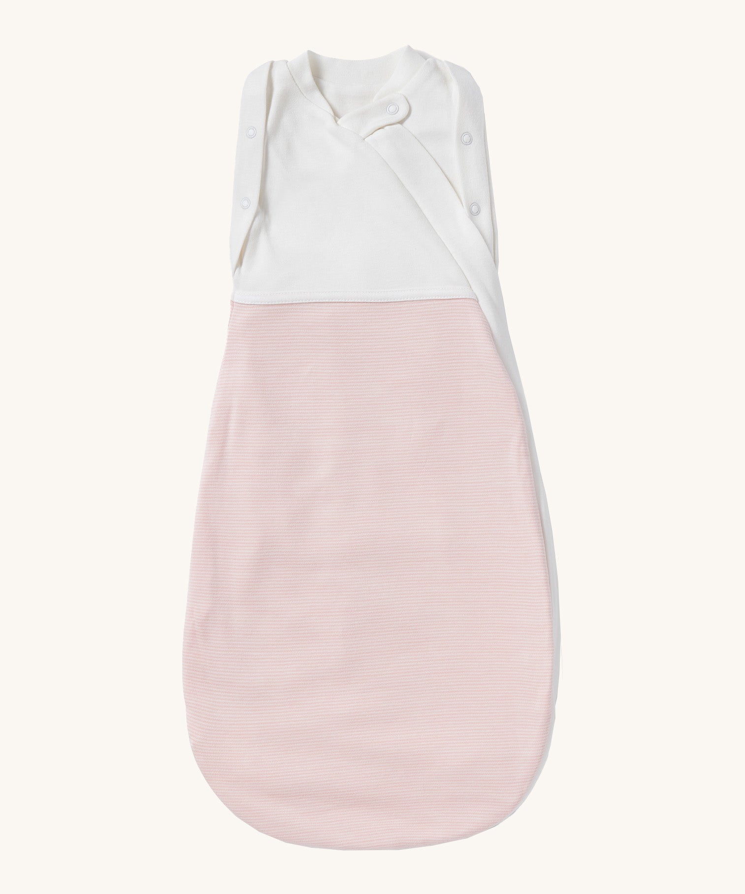MORI baby swaddle bag. 100% organic bamboo and cotton swaddle in pink and white stripes. Features poppers by the arms and neck for easy fitting.